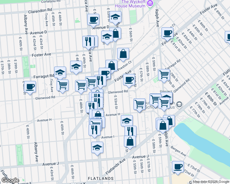 map of restaurants, bars, coffee shops, grocery stores, and more near East 53rd Street in Brooklyn