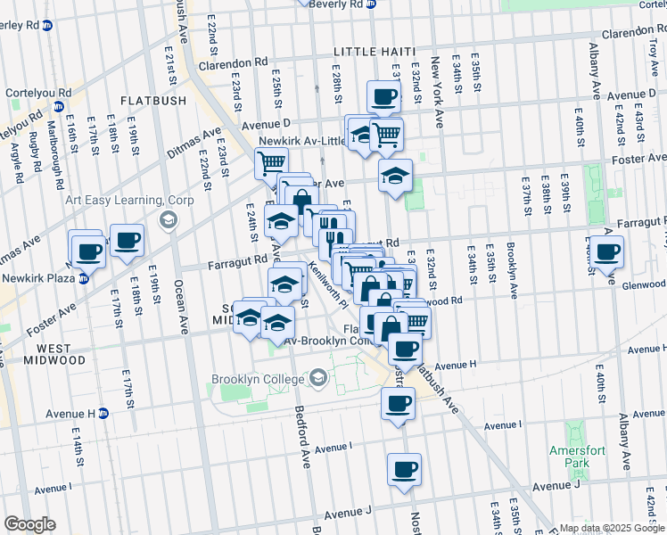 map of restaurants, bars, coffee shops, grocery stores, and more near 1446 Flatbush Avenue in Brooklyn