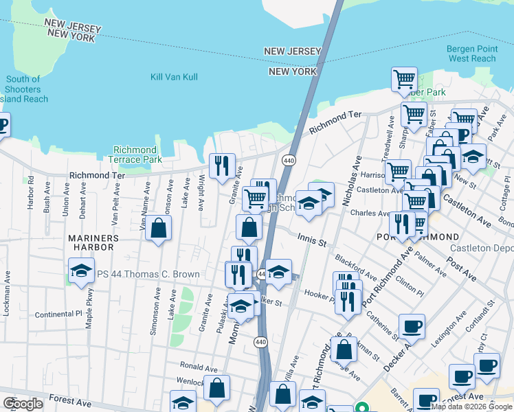 map of restaurants, bars, coffee shops, grocery stores, and more near 111 Winant Street in Staten Island