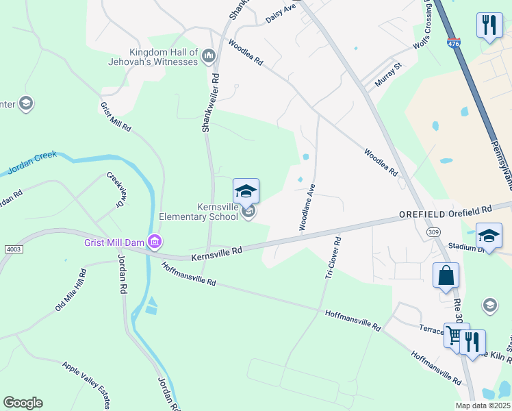 map of restaurants, bars, coffee shops, grocery stores, and more near 5051 Kernsville Road in Lehigh County