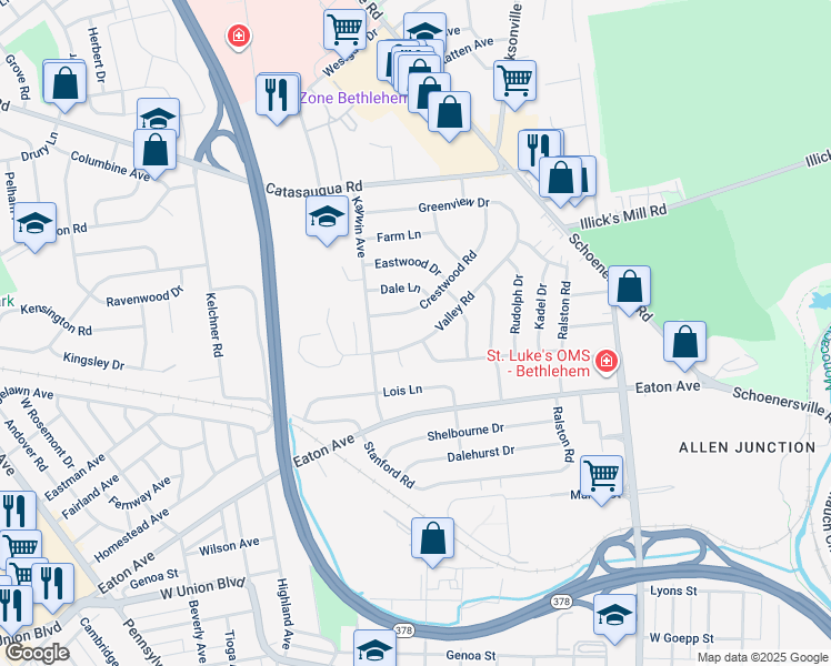 map of restaurants, bars, coffee shops, grocery stores, and more near 1554 Valley Road in Bethlehem