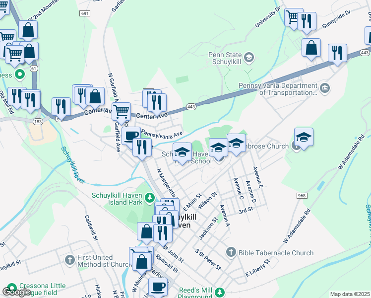 map of restaurants, bars, coffee shops, grocery stores, and more near 433 Naffin Street in Schuylkill Haven