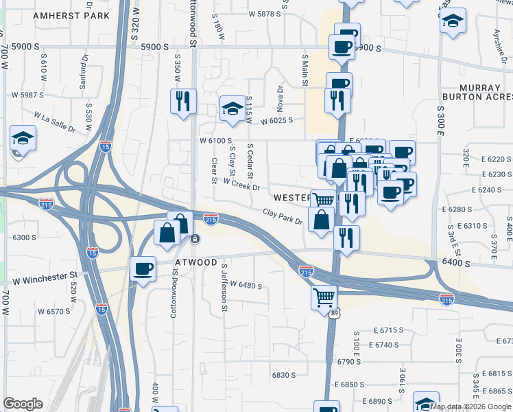 map of restaurants, bars, coffee shops, grocery stores, and more near 128 Clay Park Drive in Murray