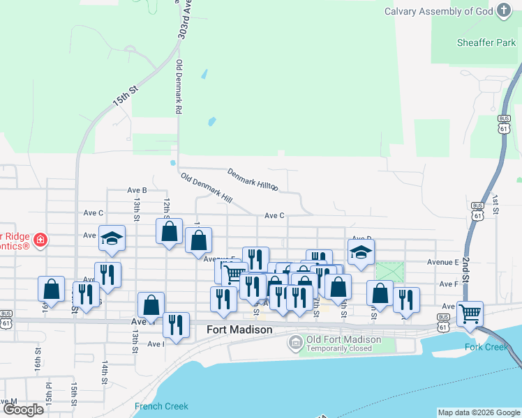 map of restaurants, bars, coffee shops, grocery stores, and more near 800-898 Ave C in Fort Madison