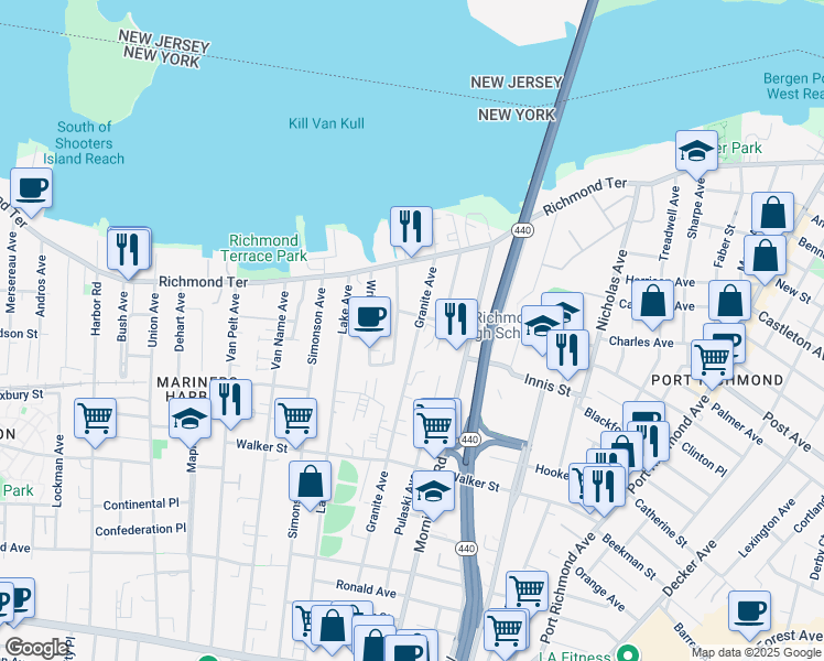 map of restaurants, bars, coffee shops, grocery stores, and more near 124 Granite Avenue in Staten Island