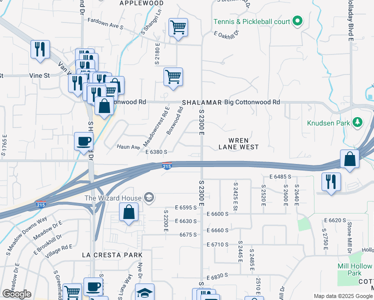 map of restaurants, bars, coffee shops, grocery stores, and more near 2260 East Haun Avenue in Holladay