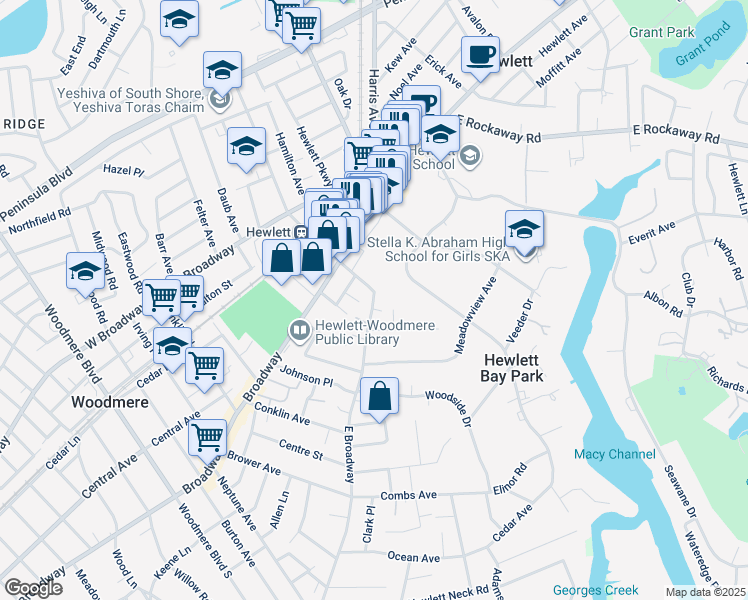 map of restaurants, bars, coffee shops, grocery stores, and more near 1193 East Broadway in Hewlett