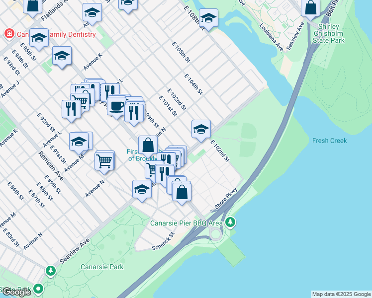 map of restaurants, bars, coffee shops, grocery stores, and more near 9823 Seaview Avenue in Brooklyn