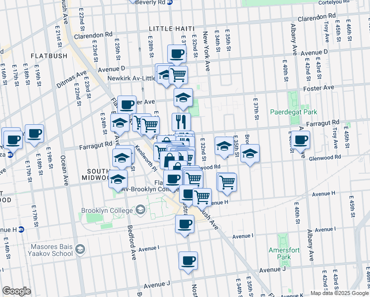 map of restaurants, bars, coffee shops, grocery stores, and more near 654 East 31st Street in Brooklyn