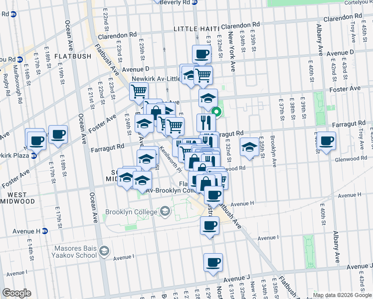 map of restaurants, bars, coffee shops, grocery stores, and more near 1466 Flatbush Avenue in Brooklyn