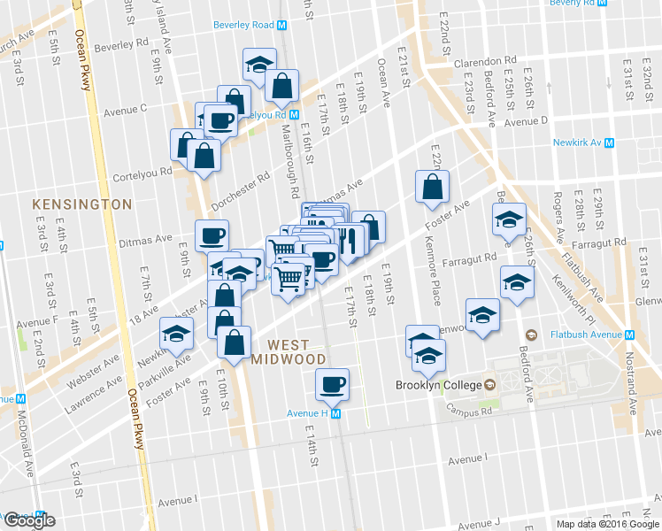 map of restaurants, bars, coffee shops, grocery stores, and more near 1611 Foster Avenue in Brooklyn