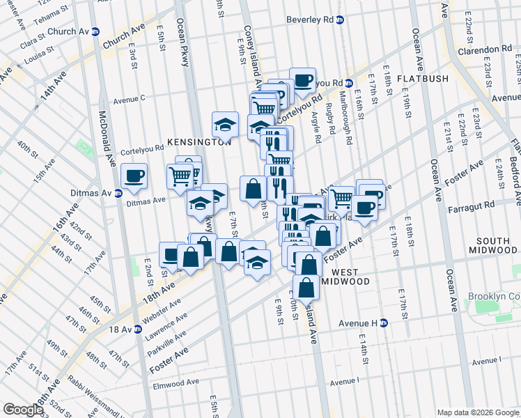 map of restaurants, bars, coffee shops, grocery stores, and more near 562 East 9th Street in Brooklyn