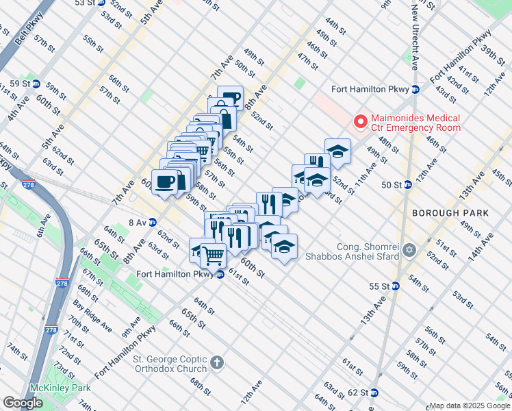 map of restaurants, bars, coffee shops, grocery stores, and more near 959 57th Street in Brooklyn