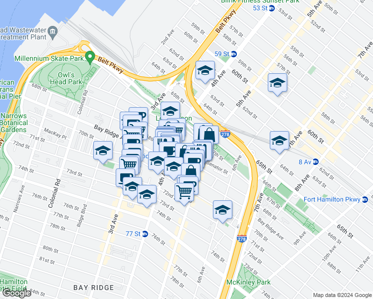 map of restaurants, bars, coffee shops, grocery stores, and more near 437 68th Street in Brooklyn