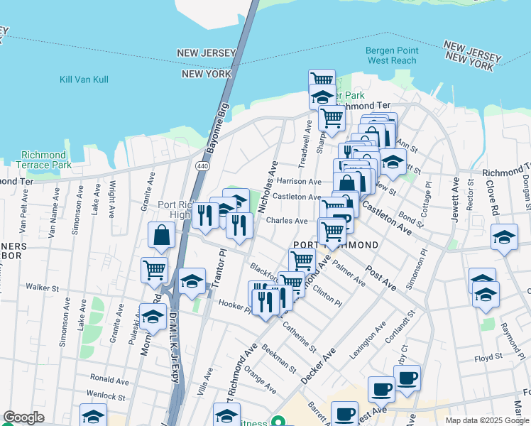 map of restaurants, bars, coffee shops, grocery stores, and more near 201 Nicholas Avenue in Staten Island