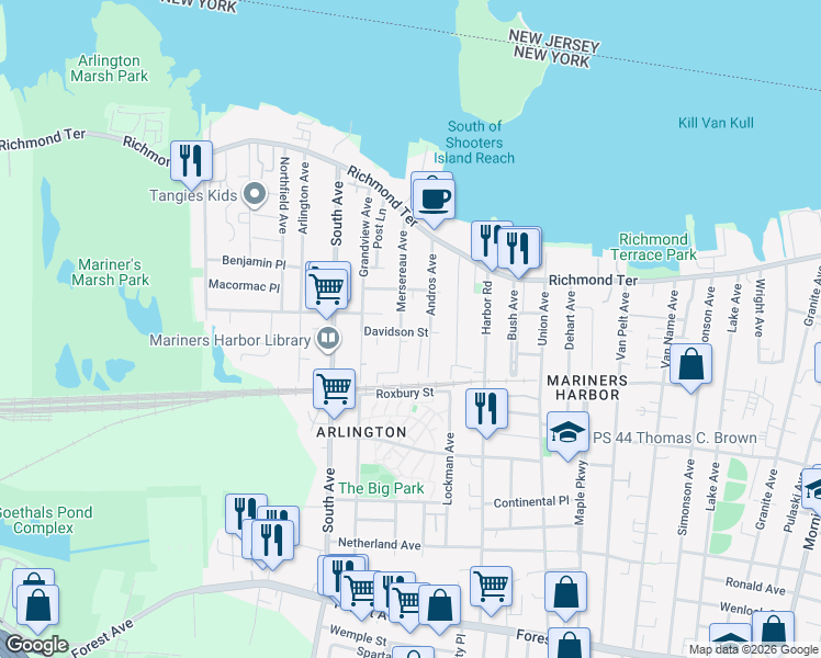 map of restaurants, bars, coffee shops, grocery stores, and more near 46 Davidson Street in Staten Island