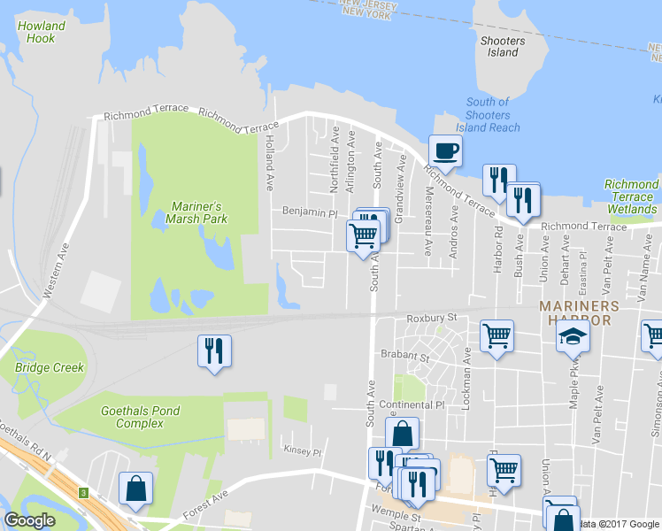 map of restaurants, bars, coffee shops, grocery stores, and more near 187B Alexander Way in Staten Island