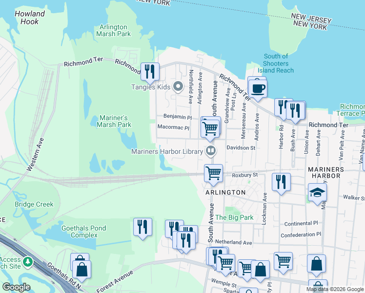 map of restaurants, bars, coffee shops, grocery stores, and more near 187B Alexander Way in Staten Island