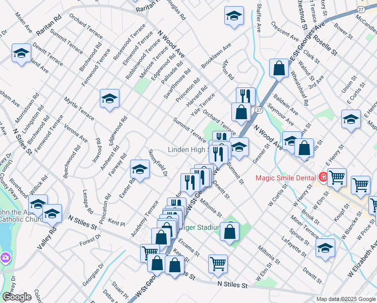 map of restaurants, bars, coffee shops, grocery stores, and more near 1125 Dewitt Terrace in Linden