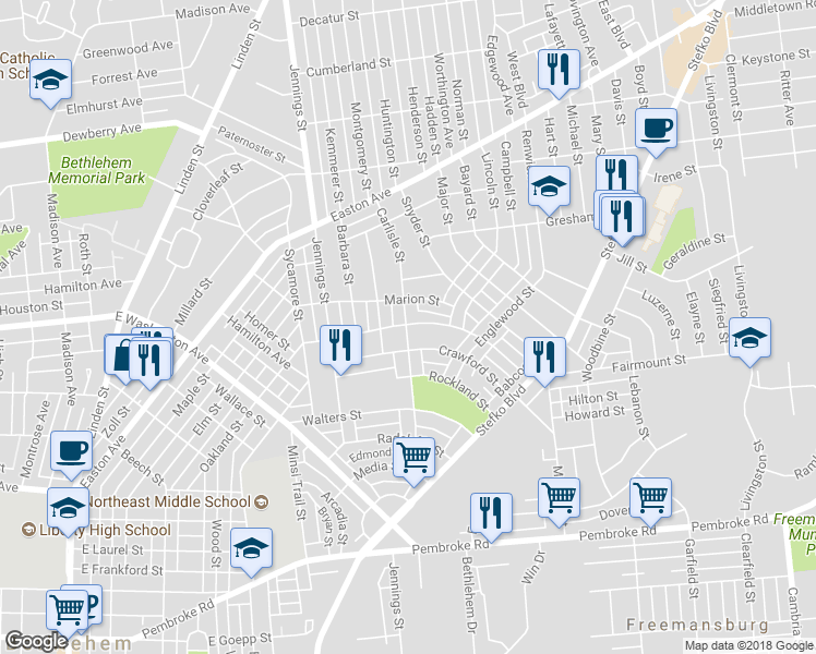 map of restaurants, bars, coffee shops, grocery stores, and more near 922 Hilton Street in Bethlehem