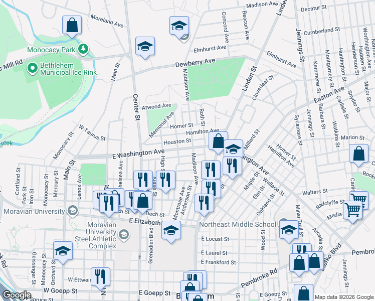 map of restaurants, bars, coffee shops, grocery stores, and more near 303 Georgia Avenue in Bethlehem