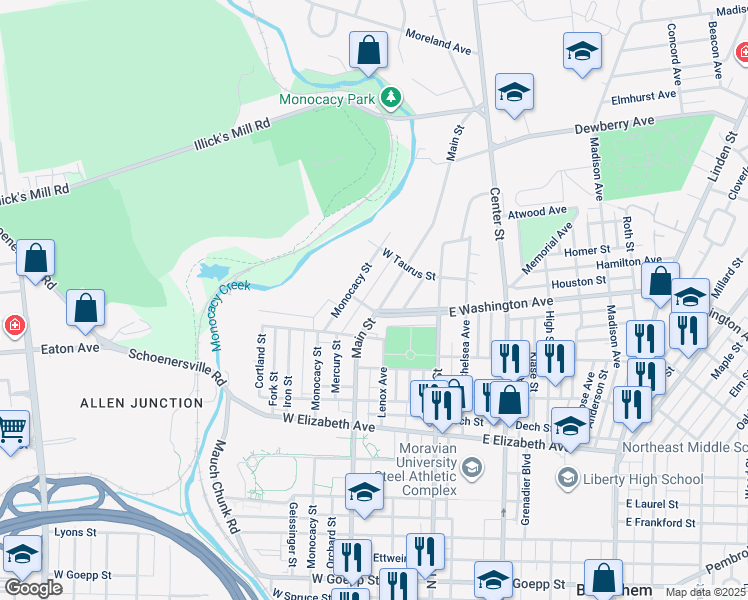 map of restaurants, bars, coffee shops, grocery stores, and more near 1609 Main Street in Bethlehem