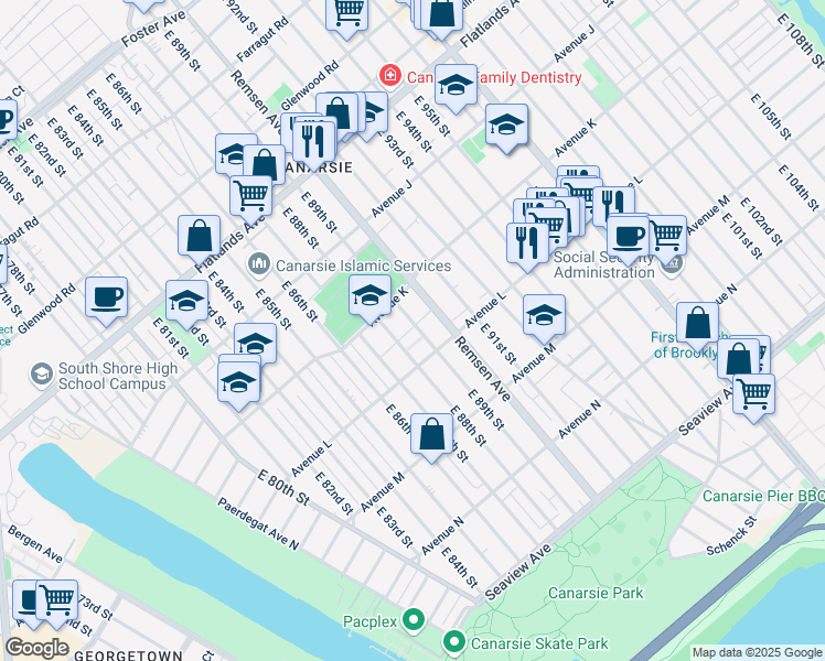 map of restaurants, bars, coffee shops, grocery stores, and more near 6 Beach Place in Brooklyn