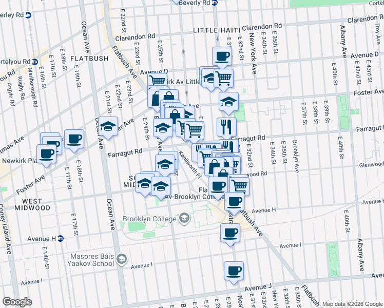 map of restaurants, bars, coffee shops, grocery stores, and more near 34 Kenilworth Place in Brooklyn