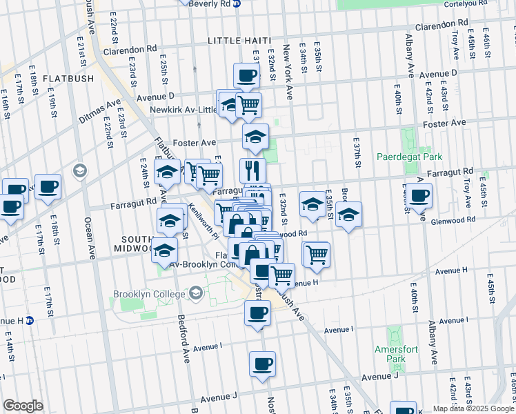 map of restaurants, bars, coffee shops, grocery stores, and more near 654 East 31st Street in Brooklyn