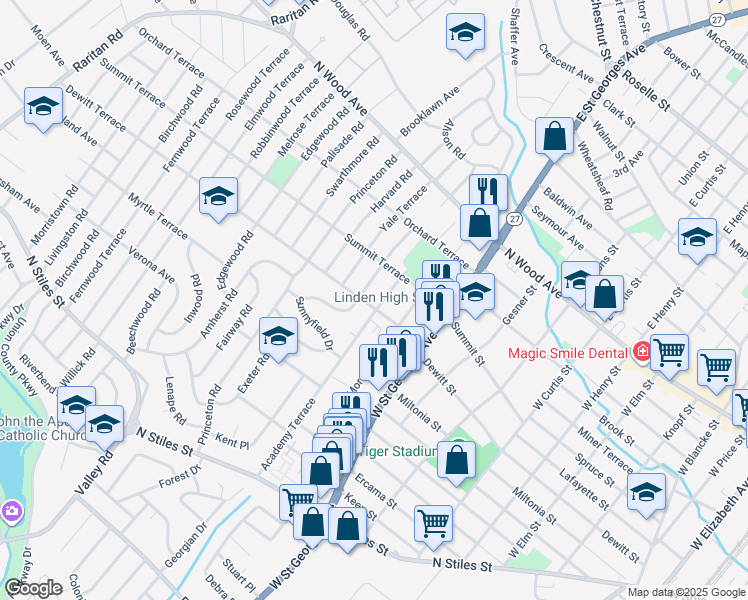 map of restaurants, bars, coffee shops, grocery stores, and more near 1125 Dewitt Terrace in Linden