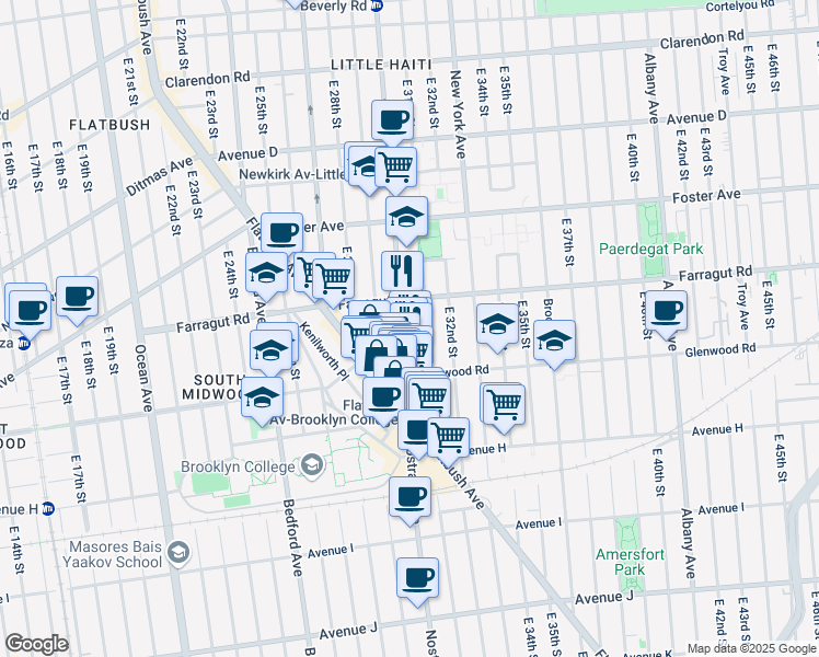 map of restaurants, bars, coffee shops, grocery stores, and more near 2047 Nostrand Avenue in Brooklyn