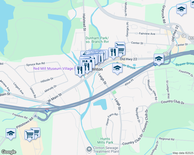 map of restaurants, bars, coffee shops, grocery stores, and more near 2 Old Highway 22 in Clinton