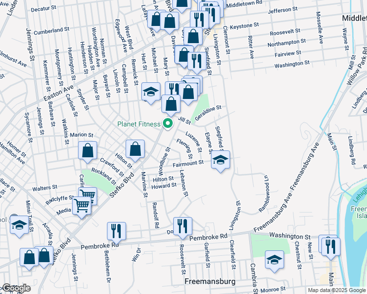 map of restaurants, bars, coffee shops, grocery stores, and more near 1549 Fleming Street in Bethlehem