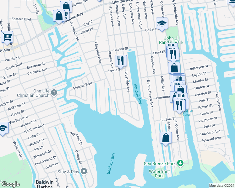 map of restaurants, bars, coffee shops, grocery stores, and more near 255 Branch Avenue in Freeport