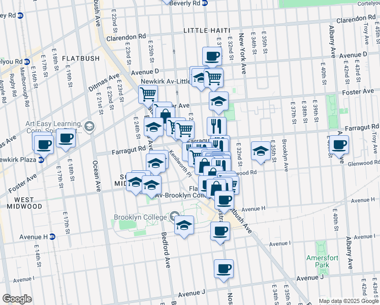 map of restaurants, bars, coffee shops, grocery stores, and more near 1466 Flatbush Avenue in Brooklyn