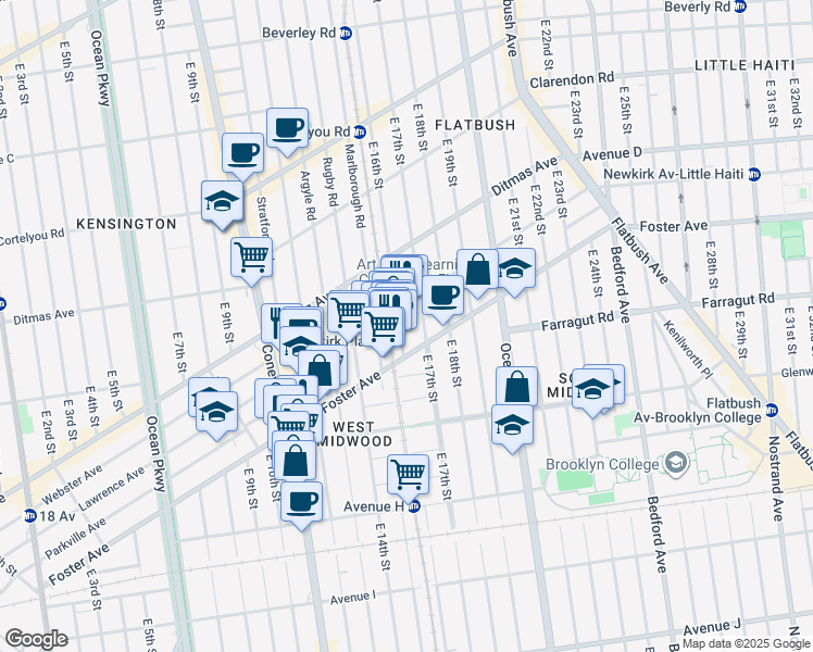 map of restaurants, bars, coffee shops, grocery stores, and more near 1611 Foster Avenue in Brooklyn