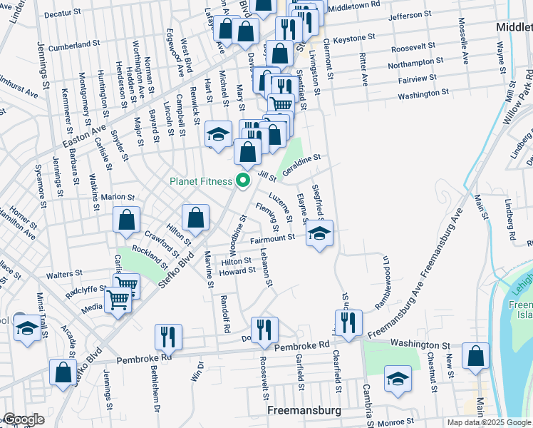 map of restaurants, bars, coffee shops, grocery stores, and more near 1549 Fleming Street in Bethlehem