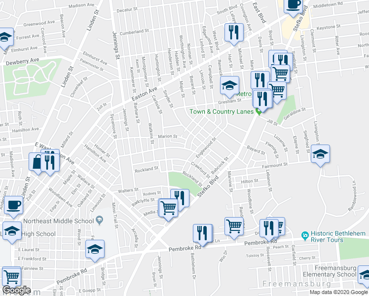 map of restaurants, bars, coffee shops, grocery stores, and more near 1004 Lincoln Street in Bethlehem