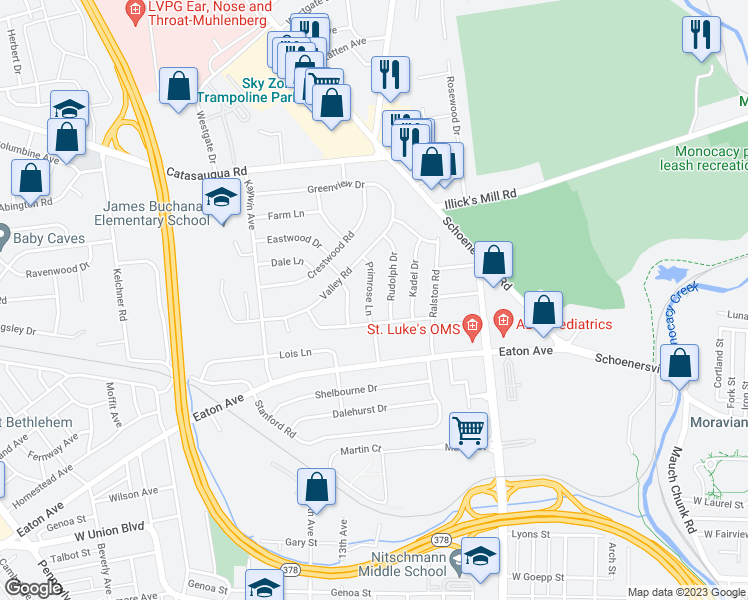map of restaurants, bars, coffee shops, grocery stores, and more near 1524 Primrose Lane in Bethlehem