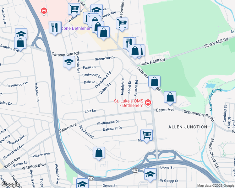 map of restaurants, bars, coffee shops, grocery stores, and more near 1524 Primrose Lane in Bethlehem
