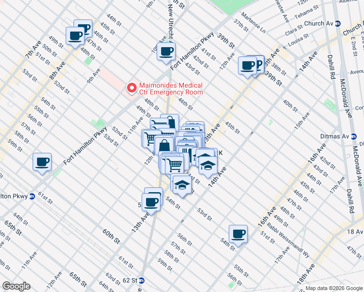 map of restaurants, bars, coffee shops, grocery stores, and more near 1255 50th Street in Brooklyn