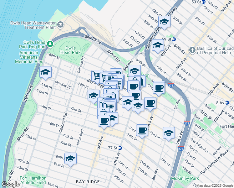 map of restaurants, bars, coffee shops, grocery stores, and more near 6928 3rd Avenue in Brooklyn
