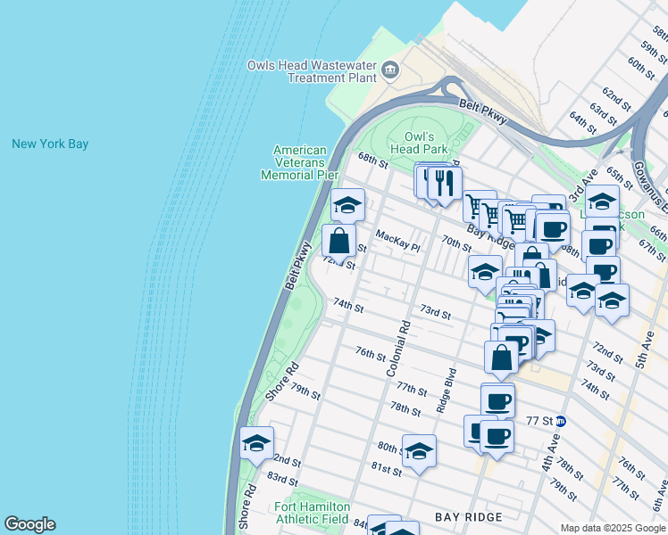 map of restaurants, bars, coffee shops, grocery stores, and more near 7243 Shore Road in Brooklyn