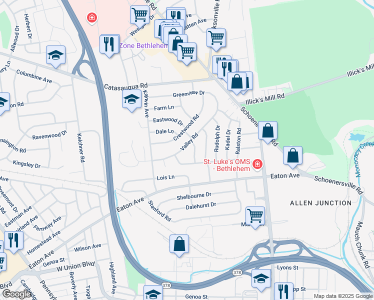map of restaurants, bars, coffee shops, grocery stores, and more near 1511 Westwood Drive in Bethlehem