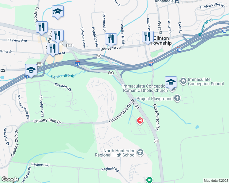 map of restaurants, bars, coffee shops, grocery stores, and more near 34 Augusta Drive in Hunterdon County