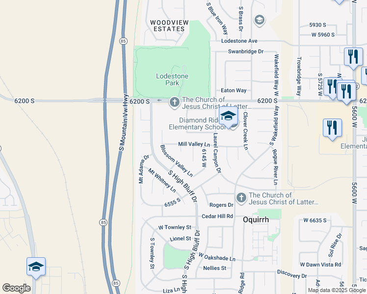map of restaurants, bars, coffee shops, grocery stores, and more near 6223 Mill Valley Court in Salt Lake City