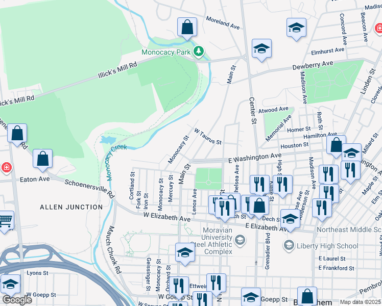 map of restaurants, bars, coffee shops, grocery stores, and more near 1615 Main Street in Bethlehem
