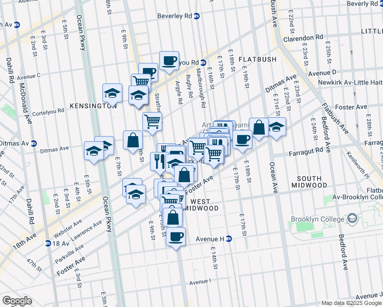 map of restaurants, bars, coffee shops, grocery stores, and more near 1301 Newkirk Avenue in Brooklyn