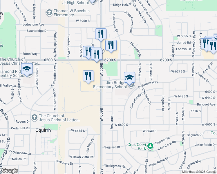 map of restaurants, bars, coffee shops, grocery stores, and more near 5546 Cornflower Circle in West Jordan
