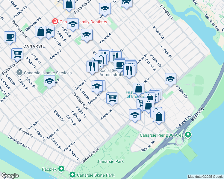 map of restaurants, bars, coffee shops, grocery stores, and more near 1530 East 95th Street in Brooklyn
